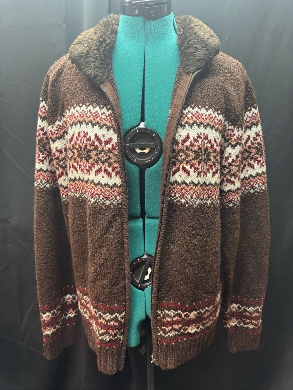 Brown Fair Isle Zip Sweater with Faux Fur Collar